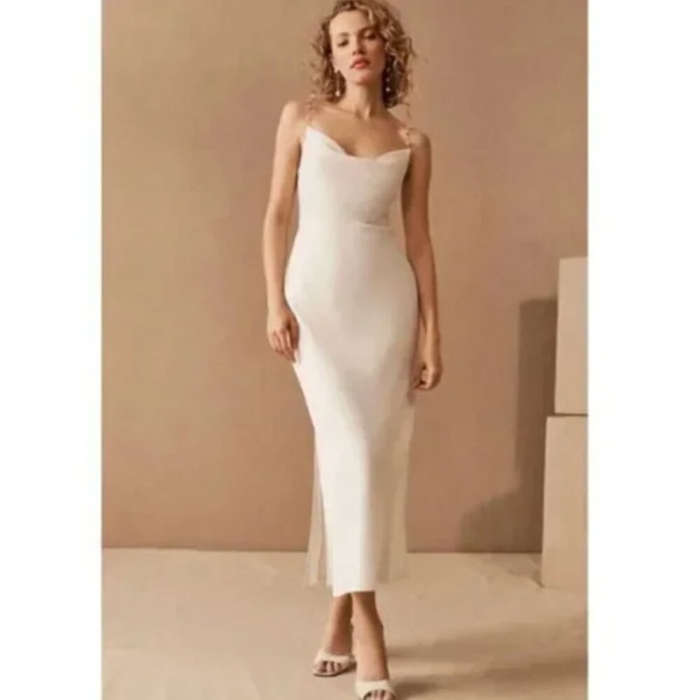 SACHIN & BABI Pema Dress White Pearl Gold Chain Straps Cowl Neck Midi Bridal 10